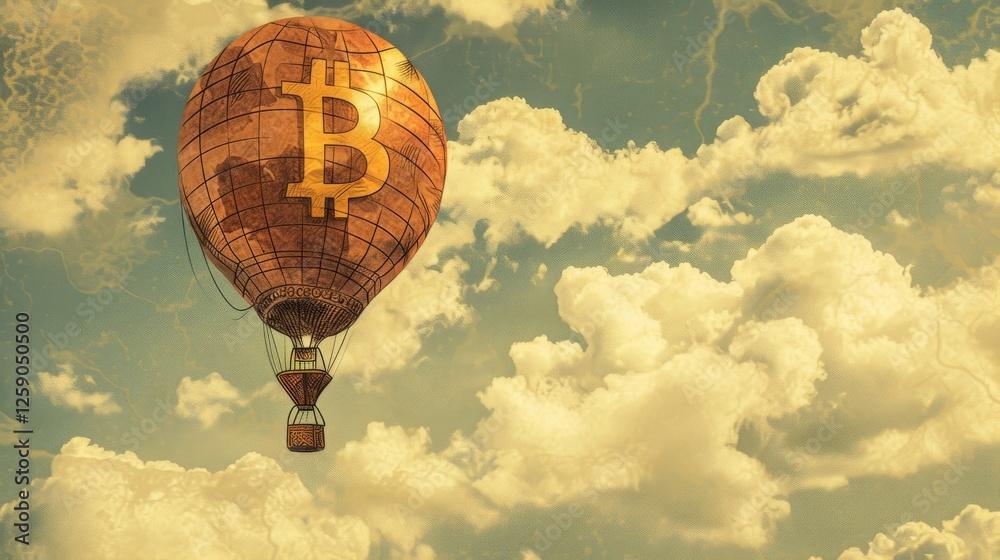 A stunning digital illustration of a golden Bitcoin hot air balloon soaring through a bright sky. The warm tones symbolize financial growth and economic freedom in the digital age. AI generated.