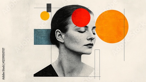 A modern, sophisticated minimalist collage featuring abstract geometric shapes. Generative AI