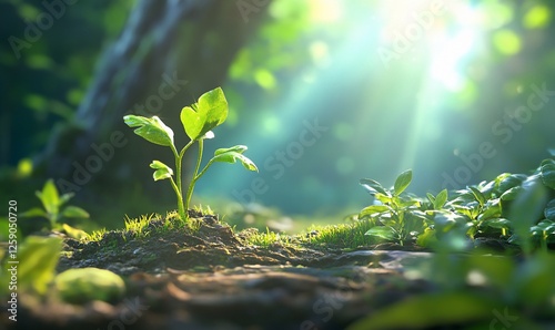 Sprout emerging from earth, sunlit forest photo