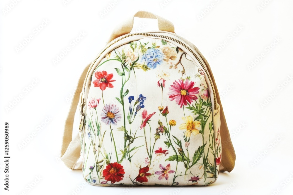 Stylish floral patterned backpack against a clean white background Stylish floral patterned backpack against a clean white background