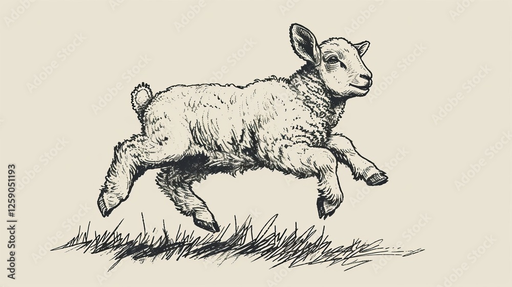 A classic black and white vintage illustration of a young lamb playfully leaping over a grassy field. Ideal for farm-themed designs, prints, or educational materials. AI generated.