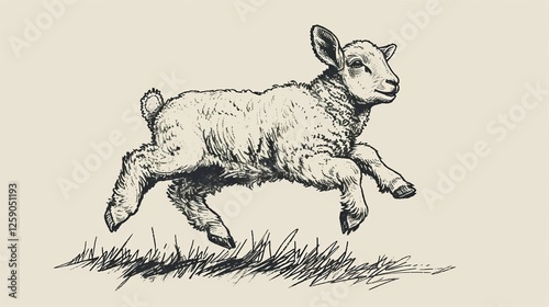 Obraz na płótnie A classic black and white vintage illustration of a young lamb playfully leaping over a grassy field. Ideal for farm-themed designs, prints, or educational materials. AI generated. w salonie