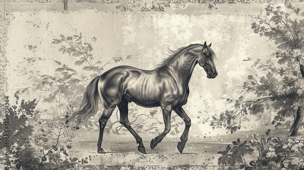 A highly detailed black and white digital illustration of a horse standing in a picturesque natural setting. The image exudes a vintage artistic style, showcasing the grace and power of the animal. AI