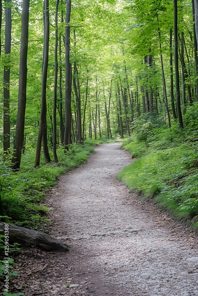 Naklejka premium Lush Green Forest Pathway Surrounded by Tall Trees and Vibrant Foliage : Generative AI