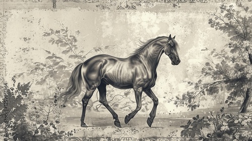 Obraz na płótnie A highly detailed black and white digital illustration of a horse standing in a picturesque natural setting. The image exudes a vintage artistic style, showcasing the grace and power of the animal. AI w salonie
