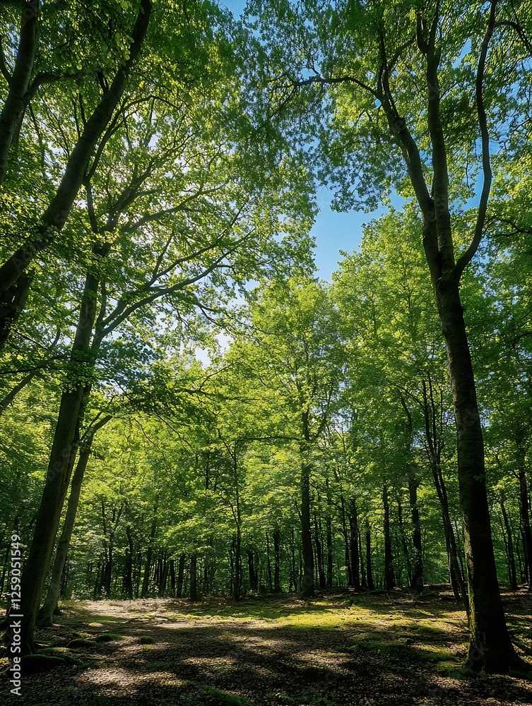 Sunlit Forest with Tall Trees in Rich Green Canopy : Generative AI Sunlit Forest with Tall Trees in Rich Green Canopy : Generative AI