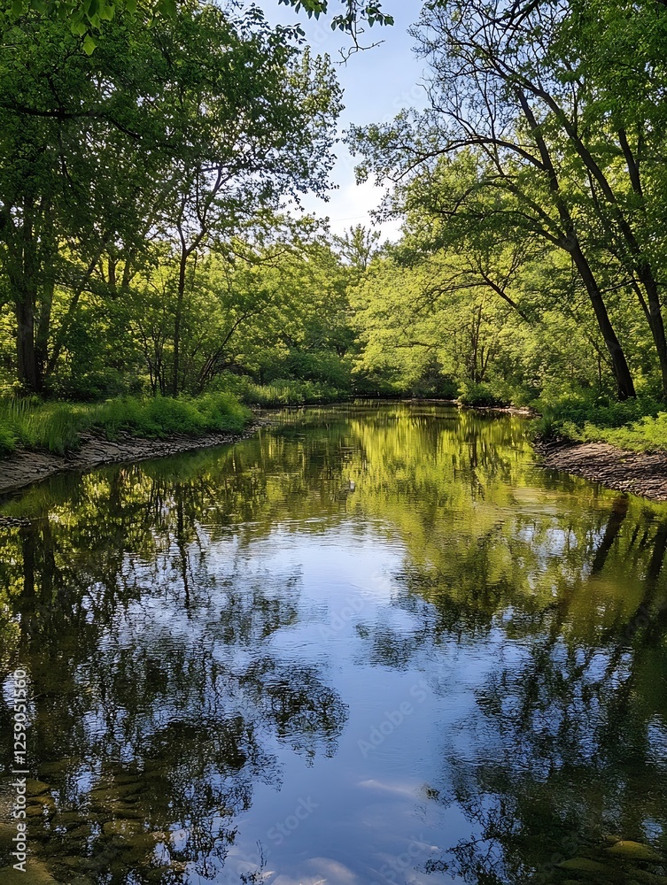 Lush green forest reflecting on calm serene river under clear blue sky : Generative AI Lush green forest reflecting on calm serene river under clear blue sky : Generative AI