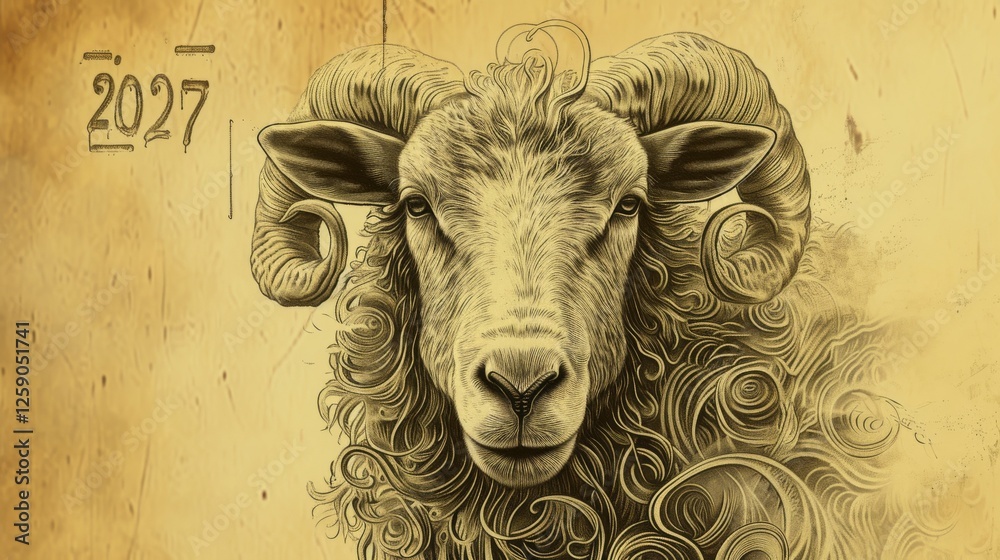 A detailed, vintage-style ink drawing of a ram with curved horns and intricate swirling wool patterns. The artistic shading and textured background add a sense of depth and elegance. AI generated.