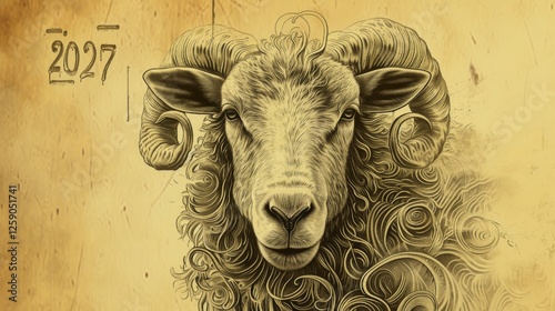 Obraz na płótnie A detailed, vintage-style ink drawing of a ram with curved horns and intricate swirling wool patterns. The artistic shading and textured background add a sense of depth and elegance. AI generated. w salonie