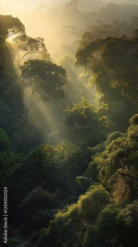Obraz premium Mysterious Lush Green Jungle with Mist and Flying Birds in Tropical Rainforest 