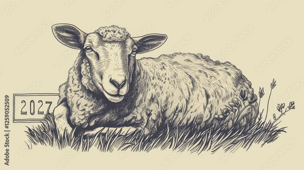 A hand-drawn style illustration of a relaxed sheep lying on grass beside a 2027 sign. The monochrome etching technique creates a nostalgic and detailed effect. AI generated.