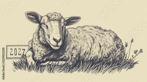 Obraz na płótnie A hand-drawn style illustration of a relaxed sheep lying on grass beside a 2027 sign. The monochrome etching technique creates a nostalgic and detailed effect. AI generated. w salonie