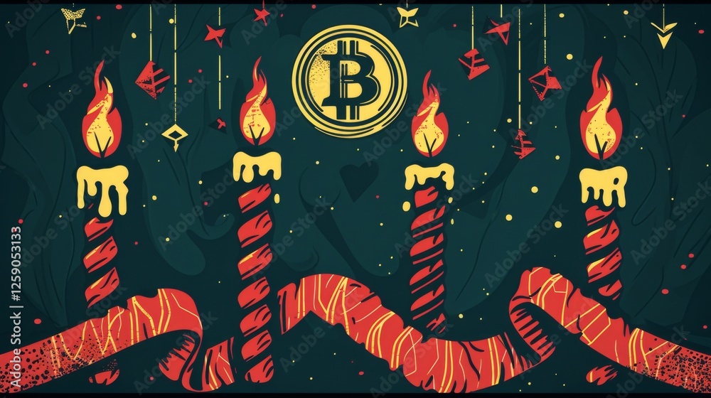 A warm and elegant illustration depicting Bitcoin-themed candles, festive ribbons, and holiday decor, symbolizing digital wealth and financial evolution. AI generated.