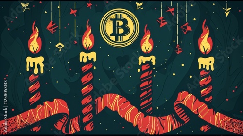 Obraz na płótnie A warm and elegant illustration depicting Bitcoin-themed candles, festive ribbons, and holiday decor, symbolizing digital wealth and financial evolution. AI generated. w salonie