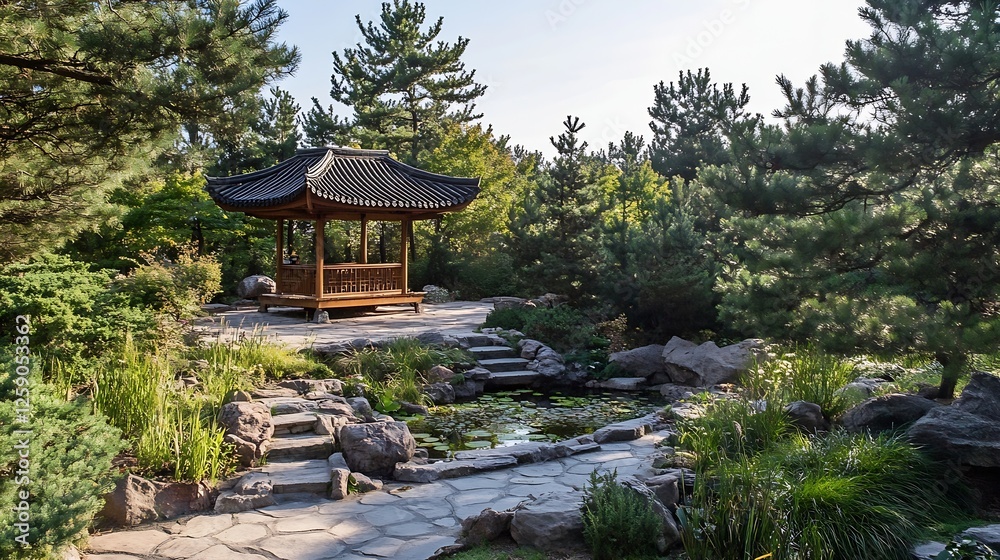 Tranquil Asian garden featuring a traditional gazebo surrounded by lush greenery and still water : Generative AI
