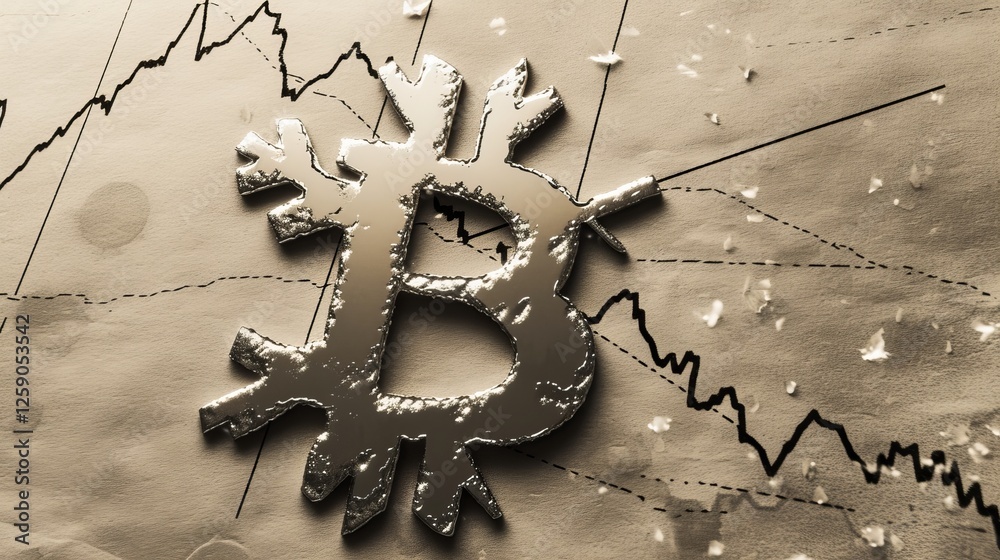 A stylized metallic Bitcoin symbol with a frosty, snowflake-like design overlaid on a financial graph depicting market decline. A conceptual representation of cryptocurrency downturn. AI generated.