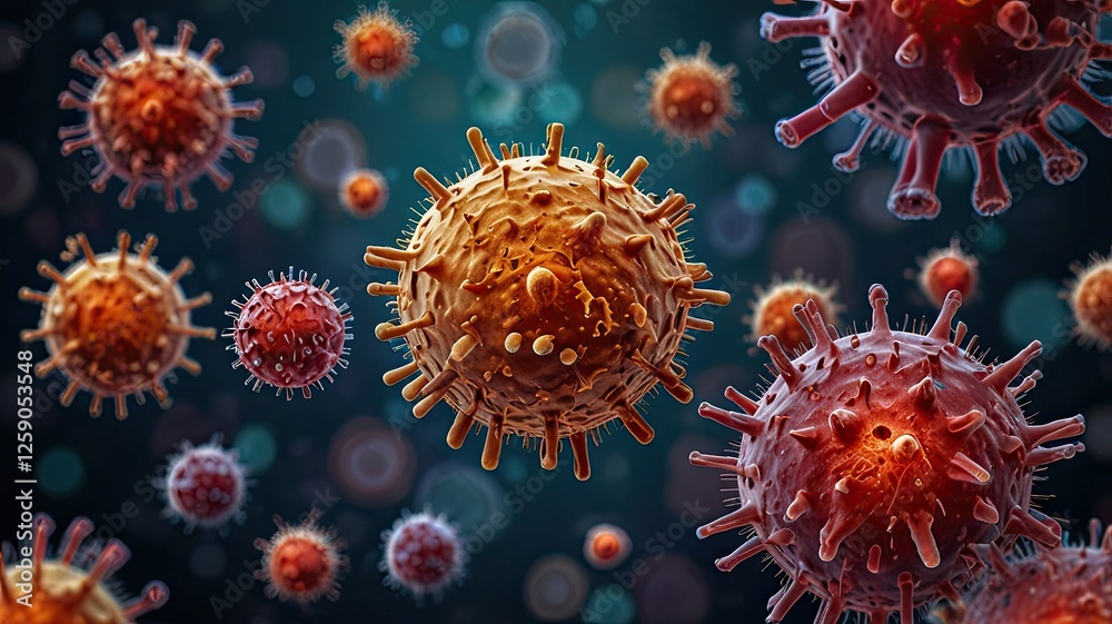 Fototapeta premium Colorful depiction showcases numerous viruses interacting in a biological space highlighting their distinct structures and surfaces