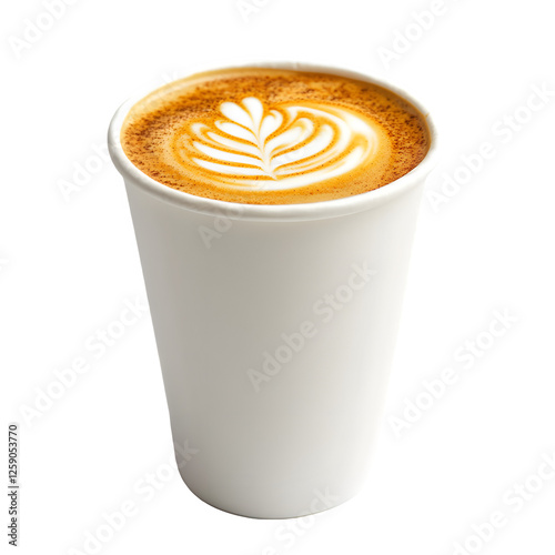 white cup of coffee in paper takeaway mug on transparent background	