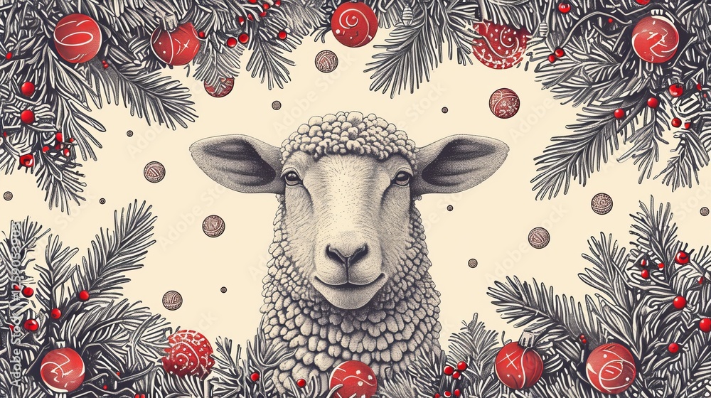 A beautifully stylized illustration featuring a sheep