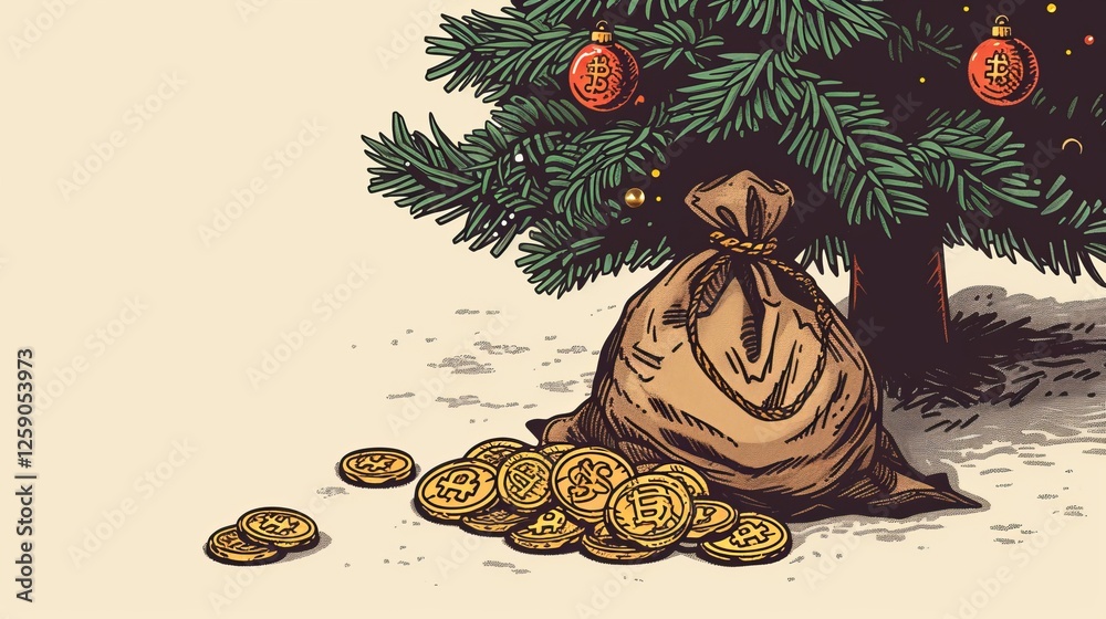 A festive scene featuring a sack of Bitcoin coins under a decorated Christmas tree, symbolizing digital wealth, financial prosperity, and cryptocurrency holiday themes. AI generated.