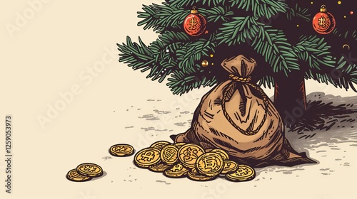 Obraz na płótnie A festive scene featuring a sack of Bitcoin coins under a decorated Christmas tree, symbolizing digital wealth, financial prosperity, and cryptocurrency holiday themes. AI generated. w salonie