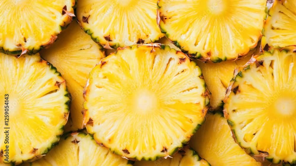 A seamless spread of freshly cut pineapple slices, tightly packed together to fill the entire frame with their bright yellow color and juicy texture.