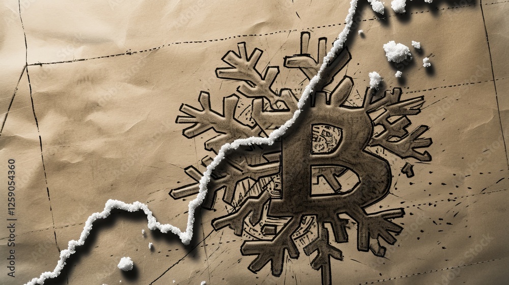 A Bitcoin symbol embedded in a snowflake on a textured background with cracks and snow, symbolizing market volatility during crypto winter. AI generated.