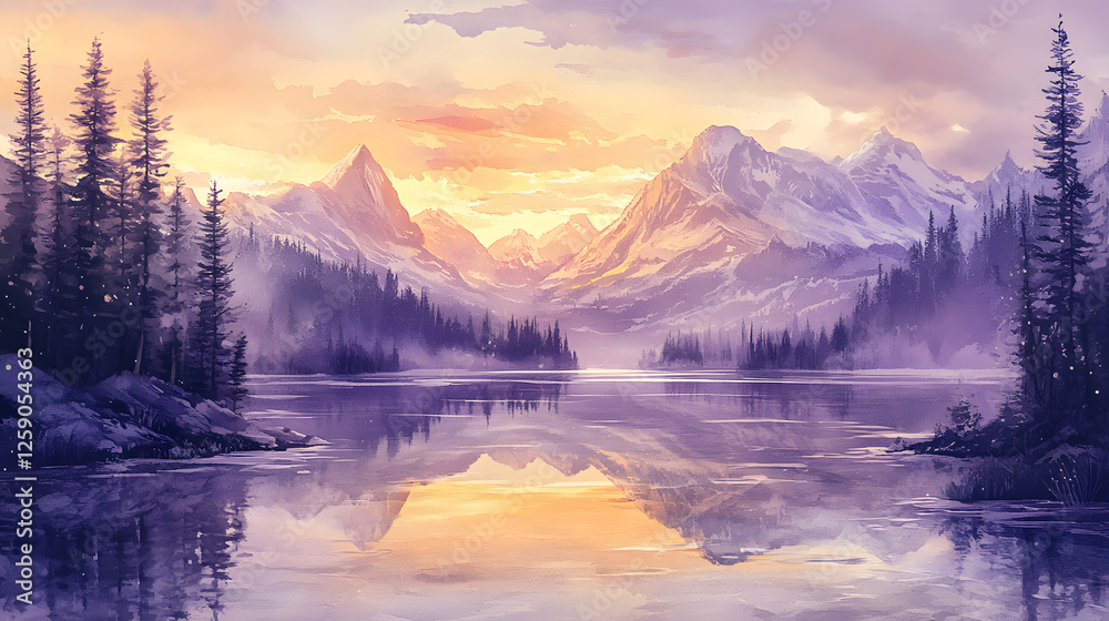 Obraz premium Serene Sunset over Mountain Lake and Coniferous Forest