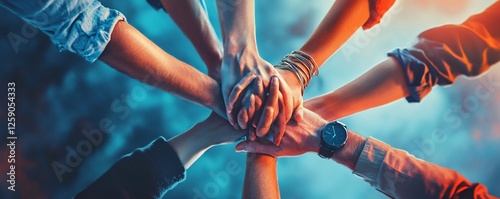 Group of people joining hands for teamwork concept