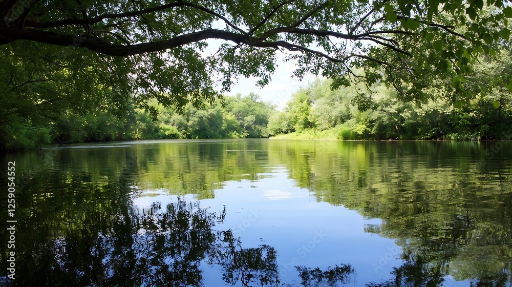 Lush Green Forest Reflected in Tranquil Calm River with Clear Blue Sky : Generative AI Lush Green Forest Reflected in Tranquil Calm River with Clear Blue Sky : Generative AI