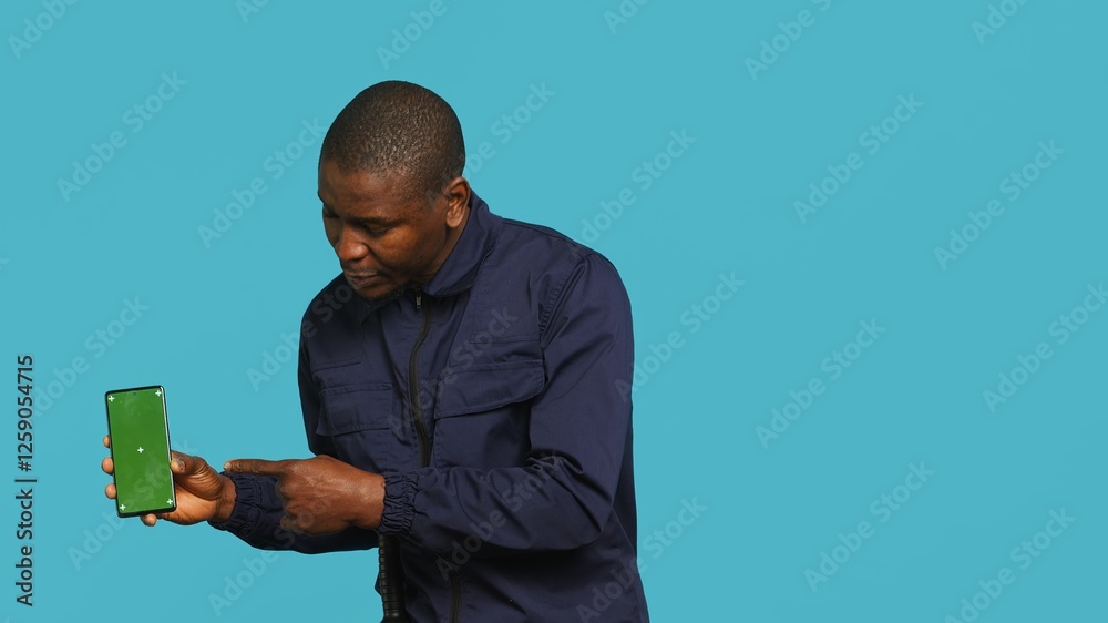 Portrait of joyous security guard at work showcasing green screen phone while overseeing premises. Jolly private law enforcement worker presenting mockup smartphone, studio backdrop, camera A Portrait of joyous security guard at work showcasing green screen phone while overseeing premises. Jolly private law enforcement worker presenting mockup smartphone, studio backdrop, camera A