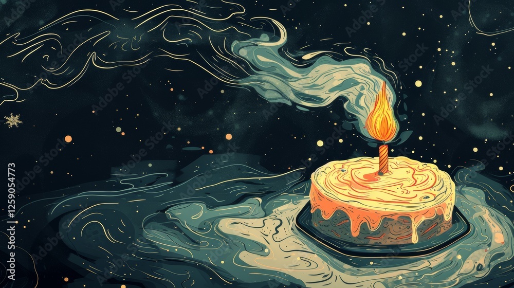 A mesmerizing illustration of a birthday cake with a single candle melting into a cosmic swirl, set against a dark starry sky. The ethereal smoke creates a dreamy effect. AI generated.