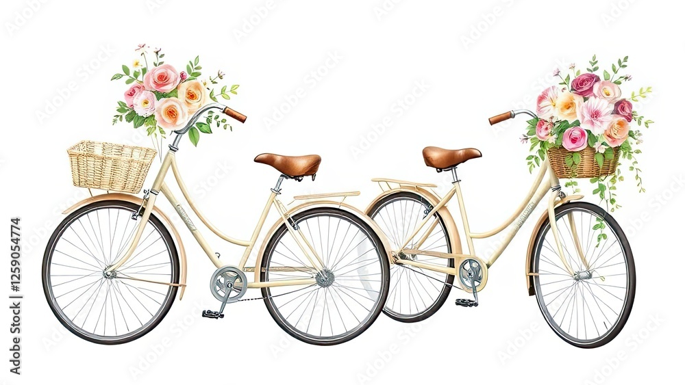 Fototapeta premium Romantic Cream Bicycle Couple with Floral Baskets Spring Flowers Bicycle Ride