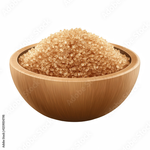Wooden bowl filled with raw brown sugar crystals, isolated on transparent background. Generative Ai.