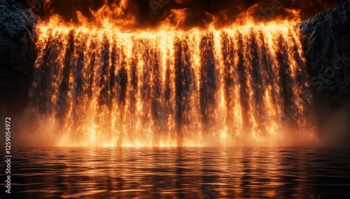 Fiery waterfall cascading into a calm lake; dramatic, mountain backdrop photo