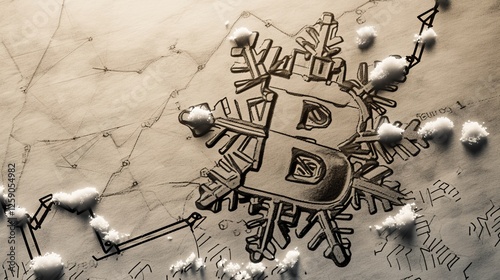 Obraz na płótnie A Bitcoin emblem seamlessly integrated into an icy snowflake overlaying a stock market chart, illustrating the volatility and risks associated with cryptocurrency investments. AI generated. w salonie