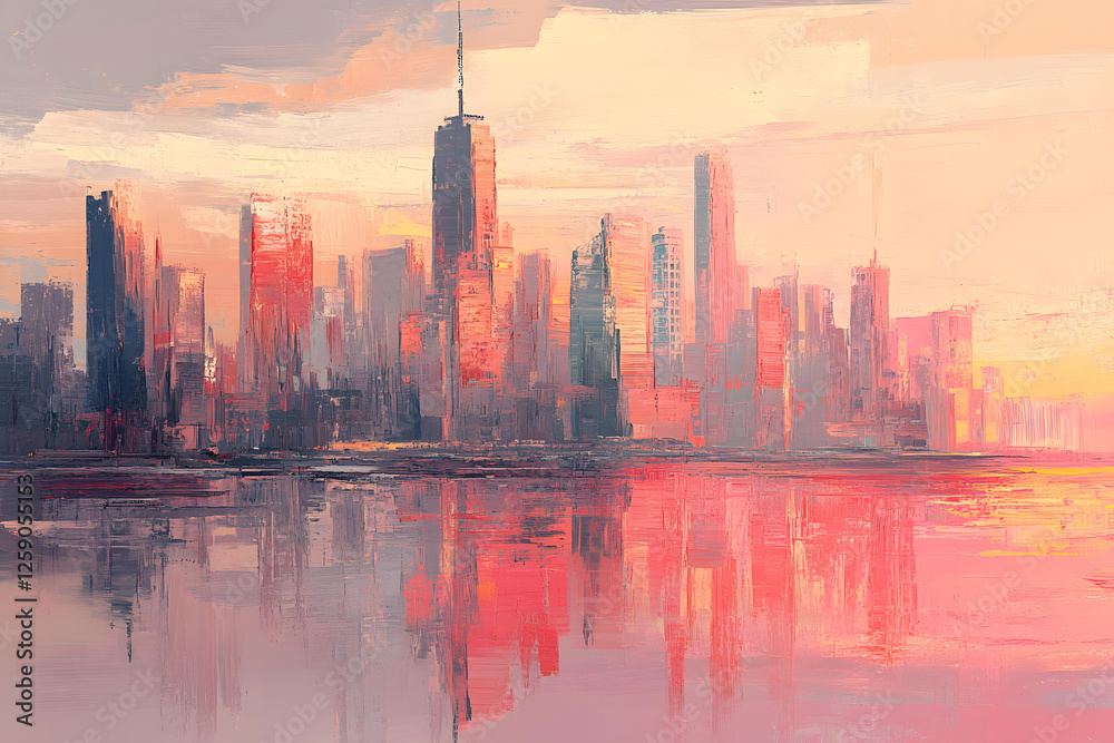Fototapeta premium A vibrant sunset cityscape painting with reflections on calm water