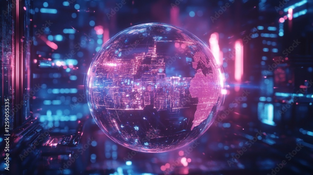 Futuristic digital globe in vibrant neon colors. Futuristic digital globe in vibrant neon colors.