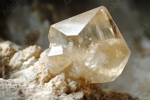 Two translucent calcite crystals resting upon a matrix background photo