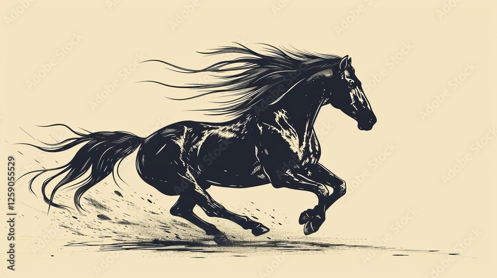A striking black and white ink-style drawing of a running horse, showcasing a strong and dynamic pose. The flowing mane and textured strokes enhance the movement. AI generated.