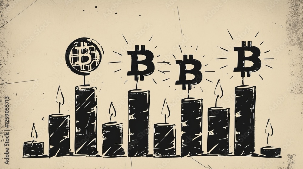 A stylized illustration depicting Bitcoin price growth using candle charts and cryptocurrency symbols. The vintage sketch effect enhances the financial theme. AI generated.