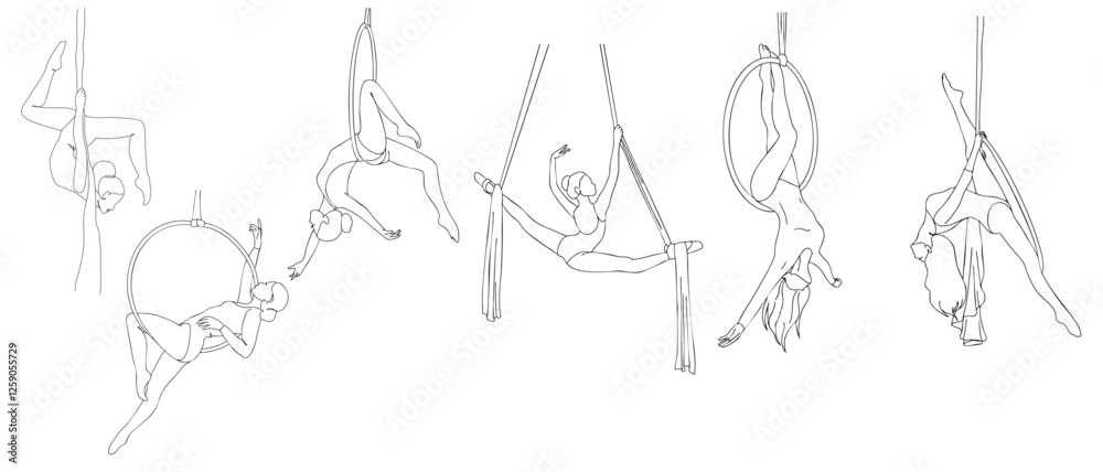 Obraz premium Minimalist vector outline set of an aerial gymnasts. The elegant poses captures movement, strength, and flexibility, making it perfect for sports, fitness, circus.
