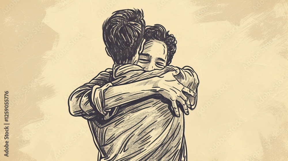 A classic hand-drawn illustration of two friends warmly embracing. The sketch captures emotion, connection, and affection in a vintage artistic style. AI generated.