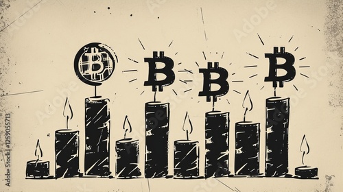 Obraz na płótnie A stylized illustration depicting Bitcoin price growth using candle charts and cryptocurrency symbols. The vintage sketch effect enhances the financial theme. AI generated. w salonie