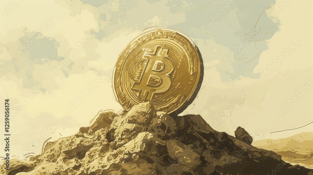 A conceptual illustration featuring a golden Bitcoin coin positioned atop a rugged mound of dirt. The textured background and earthy tones emphasize its prominence. AI generated.