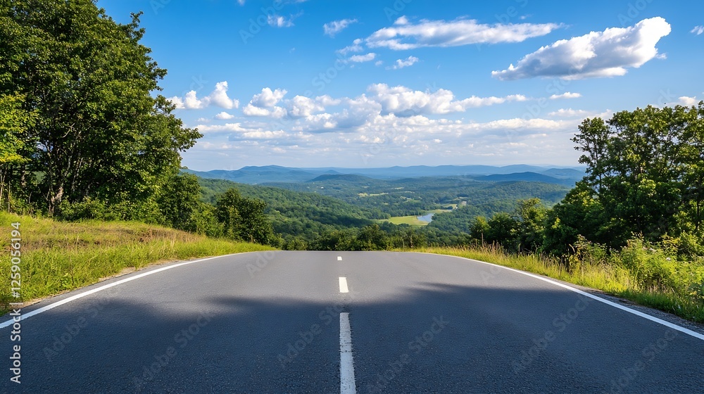 Fototapeta premium Scenic View of Open Road Curving Through Lush Green Landscape Under Bright Clouds : Generative AI