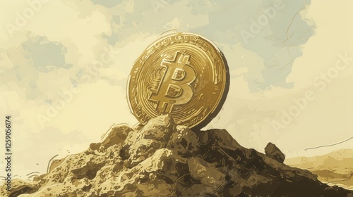 Obraz na płótnie A conceptual illustration featuring a golden Bitcoin coin positioned atop a rugged mound of dirt. The textured background and earthy tones emphasize its prominence. AI generated. w salonie