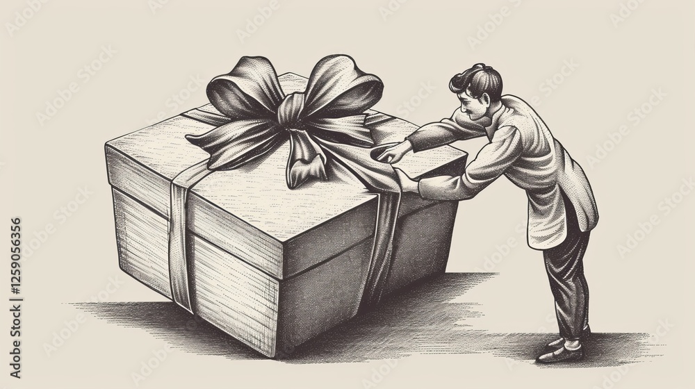 A black and white illustration features a man interacting with a massive gift box wrapped in ribbon. The vintage engraving style adds a sense of whimsy and surprise. AI generated.
