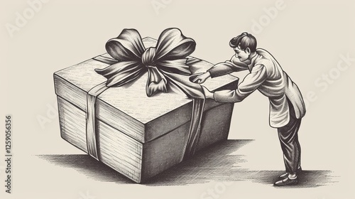 Obraz na płótnie A black and white illustration features a man interacting with a massive gift box wrapped in ribbon. The vintage engraving style adds a sense of whimsy and surprise. AI generated. w salonie