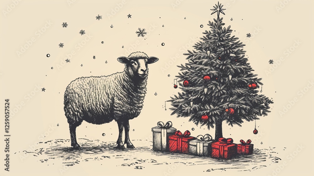 A black-and-white detailed illustration of a sheep standing next to a decorated Christmas tree with wrapped gifts. The traditional etching style enhances the nostalgic holiday feel. AI generated.